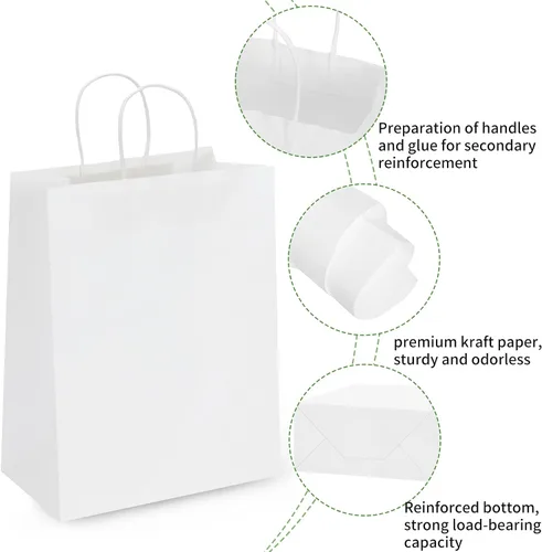 Vista 3 de Moretoes Bolsas de papel con asas, 100 unidades de 10 x 5 x 13 pulgadas, bolsas de regalo de papel kraft blancas a granel para compras, venta al por