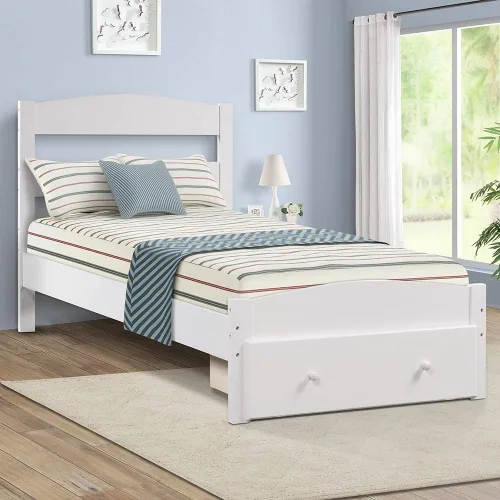 Vista 3 de Merax Base de cama individual con cajón de almacenamiento y soporte de listones de madera, sin somier, color blanco