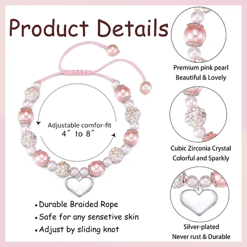 Vista 2 de Jeka Pulseras de diamantes de imitación para niñas de flores, pulseras con dije de corazón de perlas rosadas, pulseras de regreso a la escuela