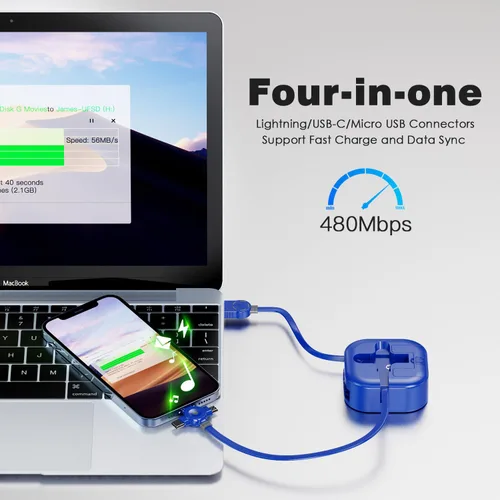 Vista 3 de Cable de Carga Múltiple de 4.5A, 4 Pies/Paquete de 2 Cargadores Múltiples para Todos los Dispositivos Cable Retráctil 3 en 1 para Automóvil Cable