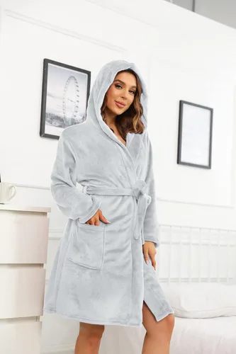 Vista 4 de U2SKIIN Bata de felpa corta con capucha para mujer, con capucha, suave y cálida bata de baño para spa