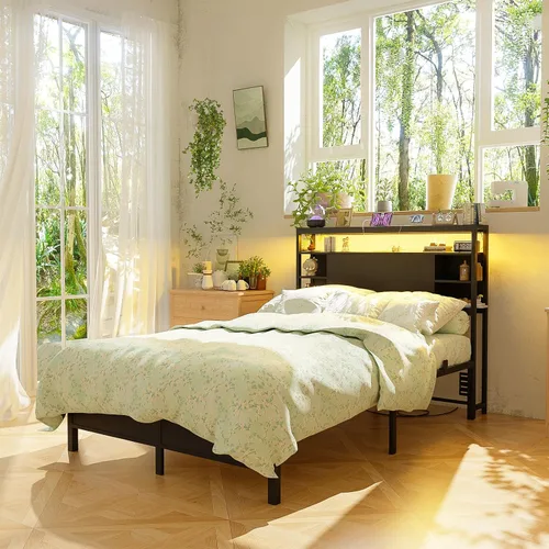 Vista 2 de Unikito Cabecera individual con almacenamiento, cabeceros con toma de corriente y luces LED inteligentes, cabecera resistente para cama