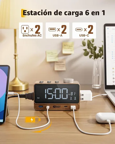 Vista 3 de SUPERDANNY Reloj despertador con PD de 20 W, 4 puertos USB, tira de alimentación de 2 tomas de CA, relojes despertadores digitales para dormitorios