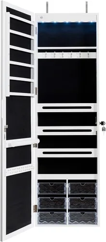 Vista 9 de CHARMAID Armario de joyería de 5 luces LED montado en la pared o en la puerta armario de joyería con cerradura con espejo de longitud completa y 6