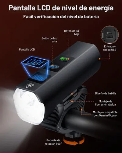 Vista 4 de Luces de bicicleta 2026 para conducción nocturna, luces de bicicleta recargables de 5000 mAh delanteras y traseras, 11+5 modos de juego de faros