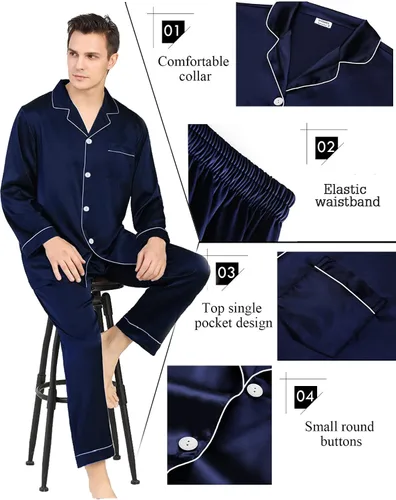 Vista 8 de SWOMOG Conjunto de pijama a juego para parejas, de satén de seda, de manga larga, suave, con botones