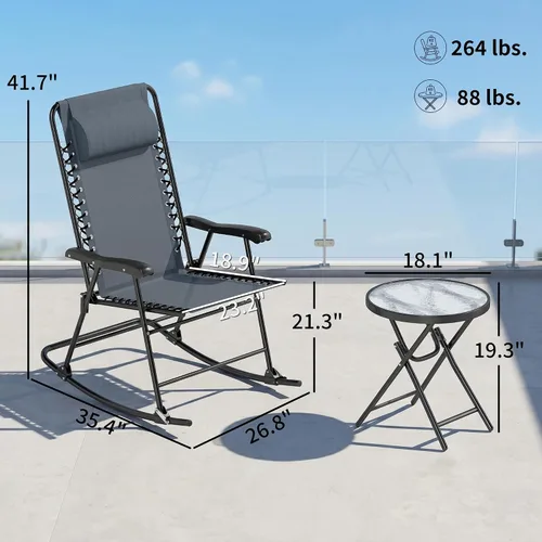 Vista 7 de Outsunny Juego de 3 piezas de mesa mecedora para exteriores, juego de mesa plegable para patio con mesa de centro de cristal para patio, terraza