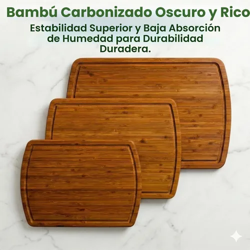 Vista 2 de Juego de 3 tablas de cortar de bambú de lujo con tecnología de resistencia de grano vertical carbonizada, tablas de cortar de madera extra grandes