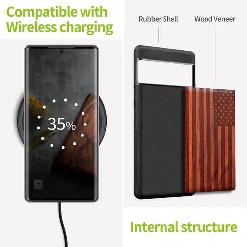 Vista 5 de Carveit Funda de madera para Pixel 7 Pro [madera natural y TPU suave negro] a prueba de golpes, funda de madera única y elegante compatible