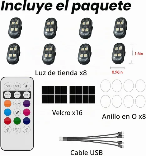Vista 8 de 8 luces estroboscópicas LED inalámbricas con control remoto, RGB 8 colores multifunción, carga USB, impermeable, anticolisión, advertencia trasera