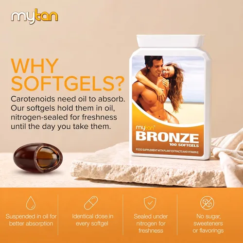 Vista 6 de Píldoras para bronceado MyTan Bronze, 100 cápsulas de gel, de beta caroteno, sin sol