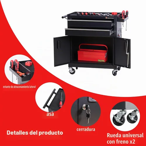 Vista 4 de Caja de herramientas resistente con carrito de acero rodante con puertas con cerradura (TZ12 Negro)