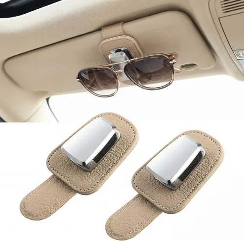 Vista 6 de 2 paquetes de soporte universal para anteojos para el automóvil, soporte para lentes de sol, clip de cuero para anteojos y clip para tarjeta de Beige