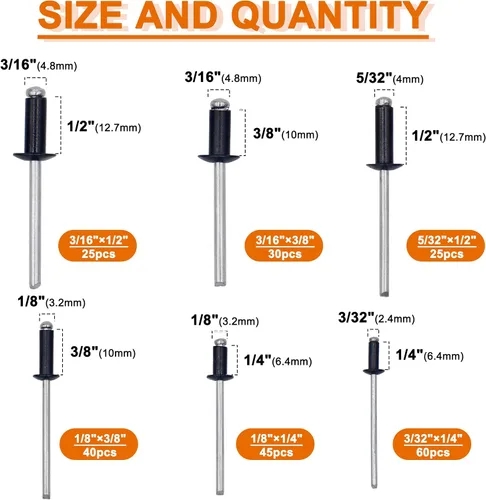 Vista 2 de ISPINNER Kit surtido de 225 remaches ciegos de aluminio negro con herramienta de remache manual resistente, 6 tamaños de remaches con divisor