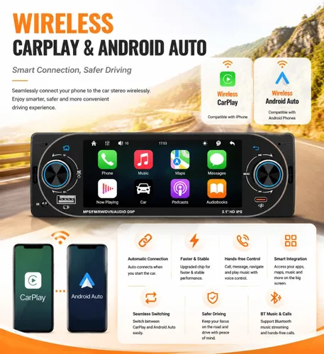 Vista 2 de 5,1" solo Din Bluetooth coche estéreo inalámbrico CarPlay Radio Android Auto