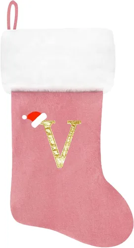 Vista 180 de Calcetines de Navidad bordados de 20 pulgadas con monograma, terciopelo negro con puño de felpa blanca supersuave, adornos clásicos para decoración