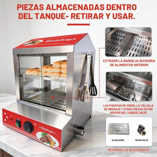 Vista 2 de Máquina de vapor para perros calientes, 2 niveles, gran capacidad, 27 litros/29 cuartos de galón