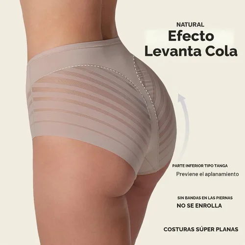 Vista 3 de Leonisa Faja Invisible de Cintura Alta con Control de Abdomen para Mujeres - Ropa Interior de Encaje a Rayas para Damas Panties Beige