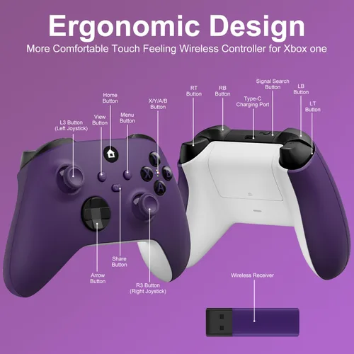 Vista 7 de ADHJIE Xbox One Controller, 2.4GHz Wireless Controller Compatible with Xbox One/One S/One X/Xbox Series S/X/PC with 3.5mm Headphone Jack, Purple