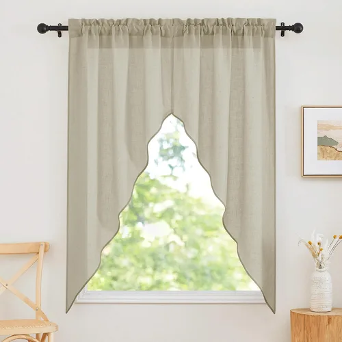 Vista 68 de RYB HOME - Cortinas de café de 24 pulgadas de largo, cortinas cortas de lino traslúcidas para ventana pequeña, cortina de media privacidad con Angora
