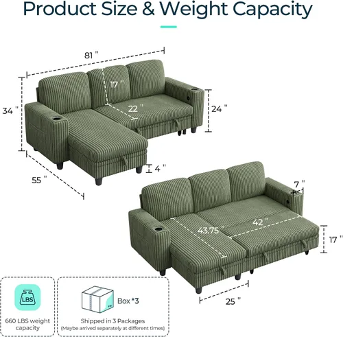 Vista 2 de LINSY HOME - Sofá seccional cama extraíble para sala de estar, sofá en forma de L de corduroy mullido con almacenamiento y carga USB, sofá seccional