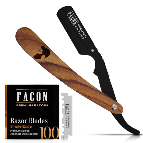 Vista 11 de Facón Navajas rectas para hombres - Kit de navaja de barbero profesional de borde recto con 100 cuchillas, afeitadora clásica de acero inoxidable