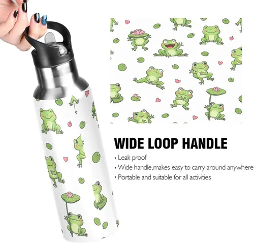 Vista 4 de Cute Cartoon Frogs White Stainless Steel Vacuum Insulated Water Bottle 32 Oz, BPA-Free Sport Water Bottle Leakproof Water Bottles