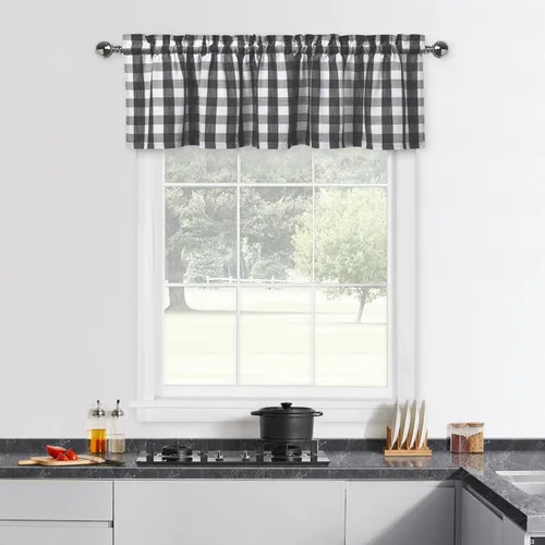 Vista 7 de Cortinas de cocina con cenefa a cuadros blancos y negros de 55 x Negro/blanco