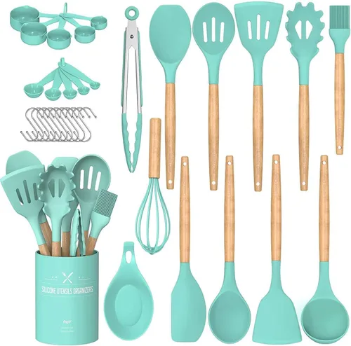 Vista 14 de Umite Chef Juego de utensilios de cocina de cocina, 33 piezas de espátula de cocina de silicona antiadherente con soporte, mango de madera, juego