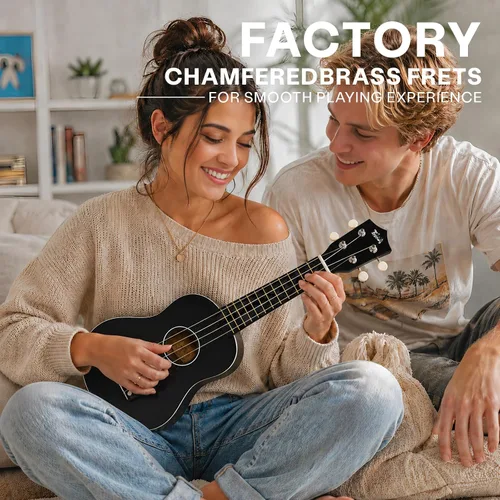 Vista 6 de Trendy Ukelele soprano de 21 pulgadas negro kit para principiantes bolsa de transporte afinador correa de cuerda cuadrada diapasón pegatinas ukelele
