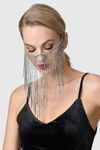 Vista 4 de BABEYOND Máscara de cadena de cristal de los años 20 con diamantes de imitación y flecos, para mascarada, Mardi Gras, Halloween, Gatsby, accesorios