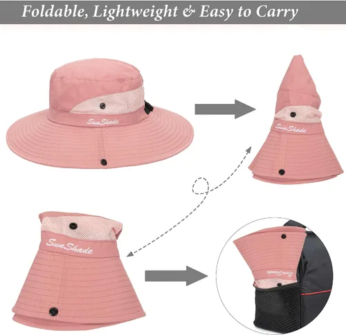 Vista 33 de Sombrero de pesca de playa de ala ancha para mujer, con protección UV, plegable, con agujero para cola de caballo