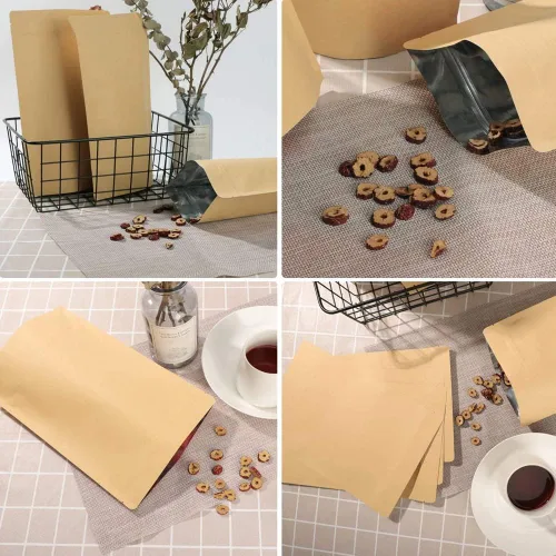 Vista 4 de Muka 50 bolsas de papel kraft para almacenamiento de alimentos, con forro de aluminio, reutilizables, con cierre de cremallera, bolsas de pie, 3.5 x