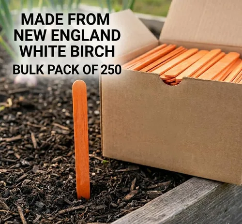 Vista 5 de Estacas de jardín de madera naranja – Paquete de 250 marcadores de fila de abedul blanco de 12 pulgadas con revestimiento acuático