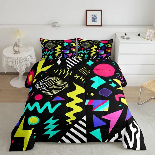 Vista 41 de Juego de edredón de estilo retro de los años 80, juego de ropa de cama de patrón geométrico abstracto, diseño urbano moderno con círculos