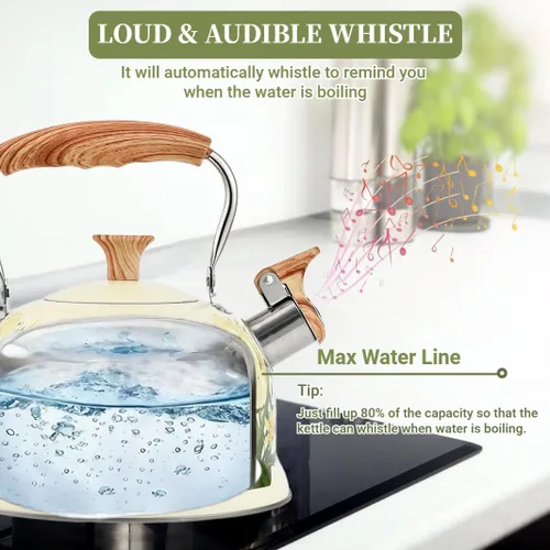 Vista 4 de Tea Kettle for Stove Top, 2.7 Quart Floral Whistling Kettle Tea Pots Stainless Steel Tea Pots with Wood Pattern Folding Handle for Boiling Water