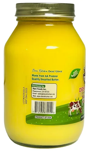 Vista 2 de Desi Kitchen Desi Ghee 32 onzas líquidas (32 fl oz) Mantequilla clarificada Sin OMG Sin conservantes Por Rani Foods