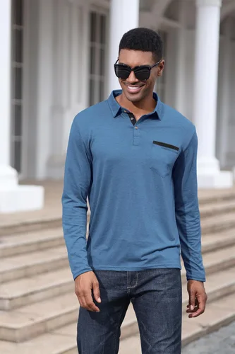 Vista 3 de Polo de algodón clásico de manga larga con botones térmicos y bolsillo para hombre