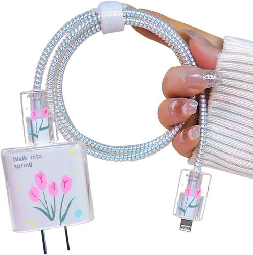 Vista 15 de Lindo protector de cable para cargador adaptador de iPhone, diseño de flores de crisantemo rojo, cable de datos de TPU suave, funda USB-C