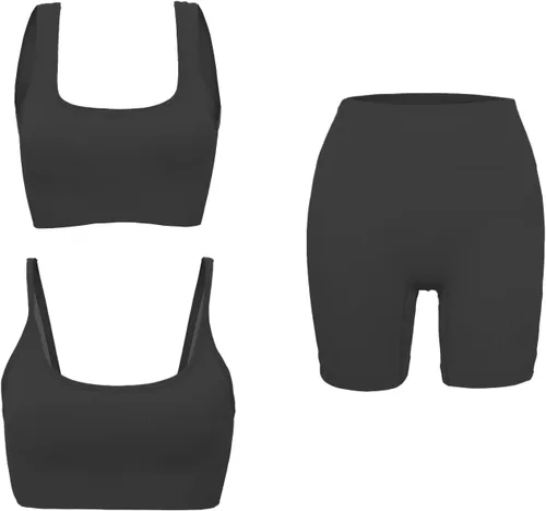 Vista 2 de Conjuntos de entrenamiento para mujer, 3 piezas, sin costuras, acanalados, sin mangas, cintura alta, pantalones cortos de yoga