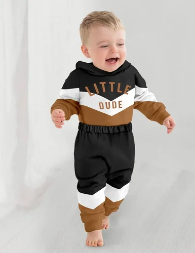 Vista 3 de Ropa para bebé niño, bloque de color, sudadera con capucha de gran tamaño, mameluco, pantalones largos, conjunto de trajes de otoño e invierno