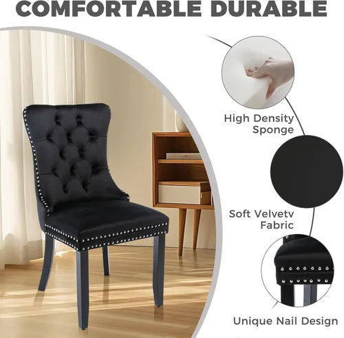 Vista 6 de Juego de mesa de comedor de 51 pulgadas de vidrio para 4, mesa de cocina rectangular de vidrio con 4 sillas tapizadas con acentos de terciopelo