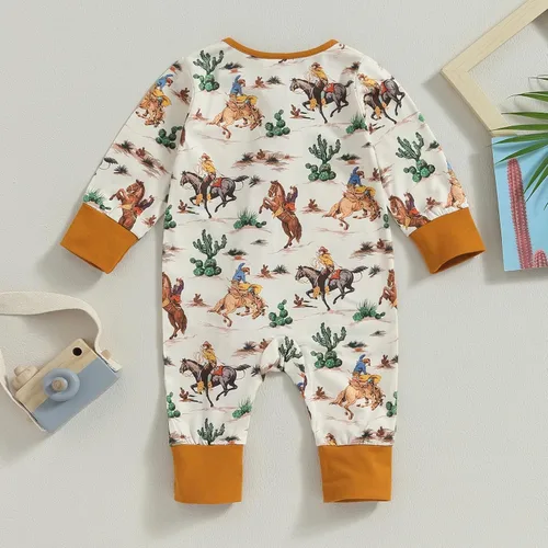 Vista 7 de Lamuusaa Ropa occidental para bebé, niña, niño, manga larga, estampado de vaca, mameluco con cremallera, overol de una pieza para otoño e invierno
