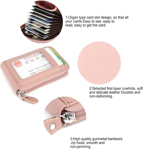 Vista 5 de WITATAOGE Tarjetero de cuero para mujer, pequeño estuche de bloqueo RFID de gran capacidad para tarjetas, Rosa Rojo, A la moda