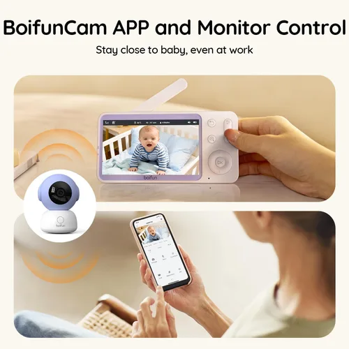 Vista 10 de BOIFUN Monitor Wi-Fi para bebés con cámara y audio, APP compatible con smartphones, visión nocturna HD 2K con pantalla de 5", seguimiento automático