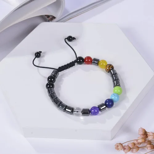 Vista 7 de Brazalete GelConnie de piedras de lava, 7 chakras, 0.32 pulgadas, piedra natural, para curación, alivio del estrés, yoga, ansiedad, aromaterapia