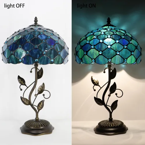 Vista 7 de Tiffany Table Lamp, Stained Glass Desk Light, W12H19 Inch, Metal Leaf Base (Sea Blue Pearl Style)