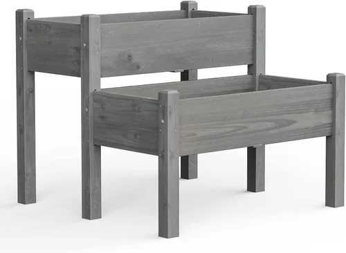 Vista 7 de Giantex Juego de 2 camas de jardín elevadas, caja de madera elevada, kit de cama elevada para flores, verduras, frutas, hierbas, contenedor de Gris