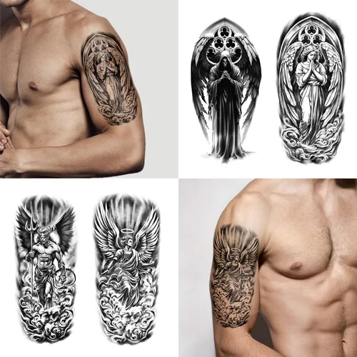 Vista 6 de 77 hojas de tatuajes temporales para mujeres y hombres, 17 hojas de tatuajes falsos grandes de ángel negro y diablo, 60 hojas de alas de corazón
