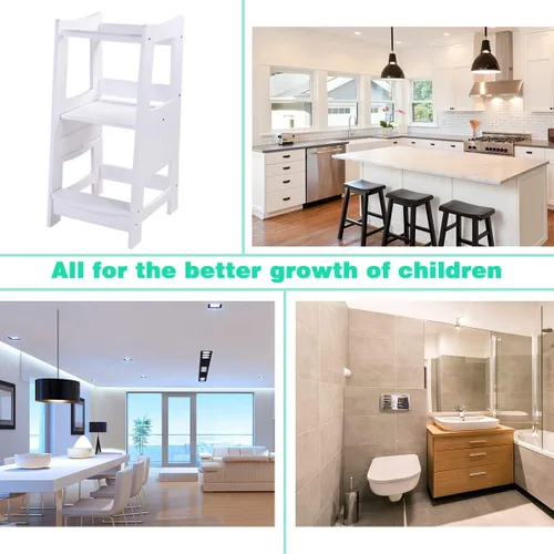 Vista 10 de EGREE Taburete de cocina para niños pequeños con baranda de seguridad, torre de pie de madera para niños para encimera de cocina y lavabo del baño